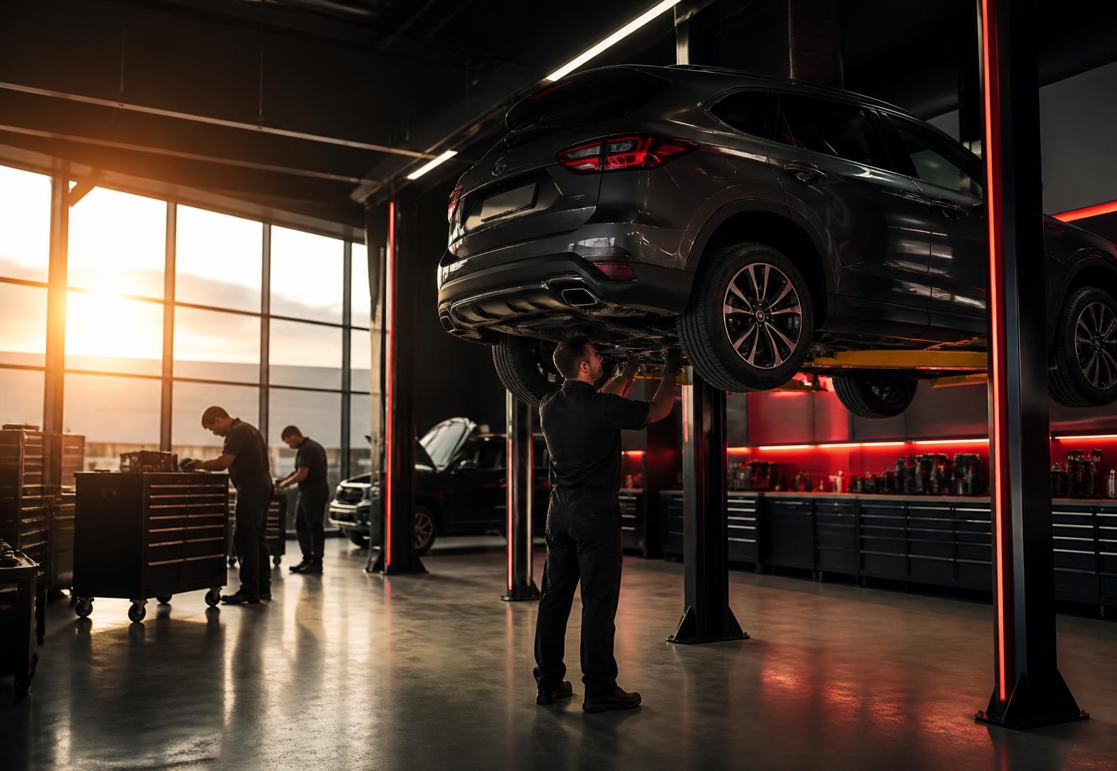 AF Automotive service centre with a vehicle raised on a workshop lift